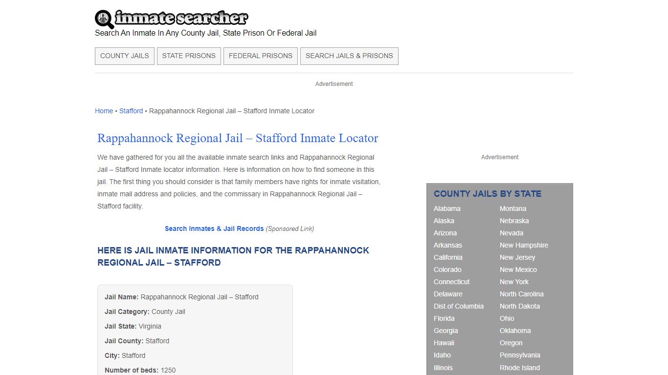 Rappahannock Regional Jail - Stafford Inmate Locator - Inmate Searcher